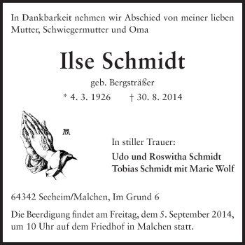 Traueranzeige von Ilse Schmidt von Echo-Zeitungen (Gesamtausgabe)