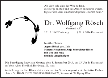 Traueranzeige von Wolfgang Rösch von Echo-Zeitungen (Gesamtausgabe)