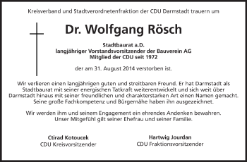 Traueranzeige von Wolfgang Rösch von Echo-Zeitungen (Gesamtausgabe)