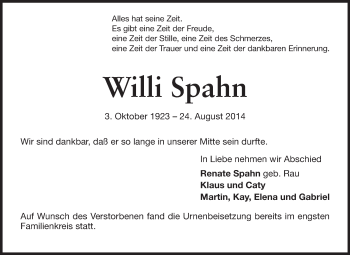 Traueranzeige von Willi Spahn von Echo-Zeitungen (Gesamtausgabe)