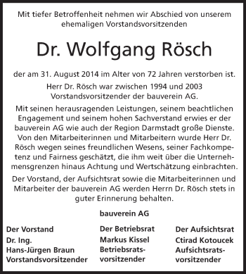 Traueranzeige von Wolfgang Rösch von Echo-Zeitungen (Gesamtausgabe)