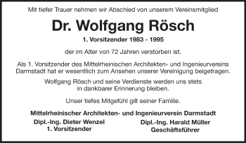 Traueranzeige von Wolfgang Rösch von Echo-Zeitungen (Gesamtausgabe)