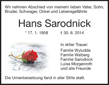 Traueranzeige von Hans Sarodnick von Echo-Zeitungen (Gesamtausgabe)