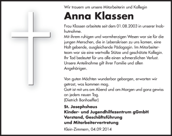 Traueranzeige von Anna Klassen von Echo-Zeitungen (Gesamtausgabe)