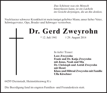 Traueranzeige von Gerd Zweyrohn von Echo-Zeitungen (Gesamtausgabe)