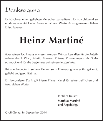 Traueranzeige von Heinz Martiné von Rüsselsheimer Echo, Groß-Gerauer-Echo, Ried Echo