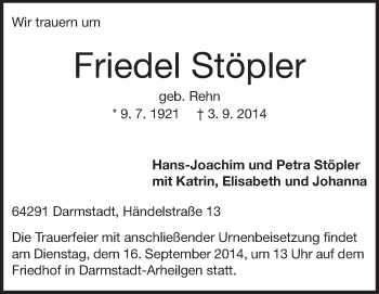 Traueranzeige von Friedel Stöpler von Echo-Zeitungen (Gesamtausgabe)
