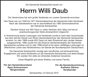 Traueranzeige von Willi Daub von Odenwälder Echo