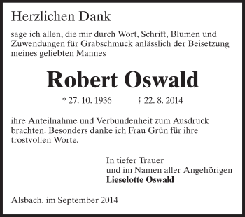 Traueranzeige von Robert Oswald von Echo-Zeitungen (Gesamtausgabe)