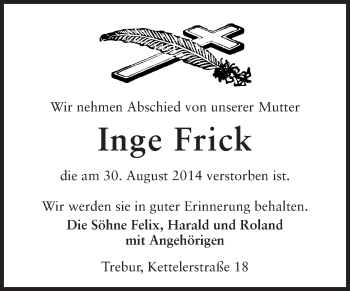 Traueranzeige von Inge Frick von Rüsselsheimer Echo, Groß-Gerauer-Echo, Ried Echo