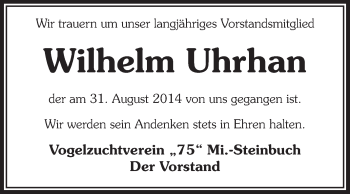 Traueranzeige von Wilhelm Uhrhan von Odenwälder Echo