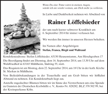 Traueranzeige von Rainer Löffelsieder von Echo-Zeitungen (Gesamtausgabe)