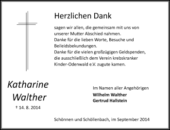 Traueranzeige von Katharine Walther von Odenwälder Echo