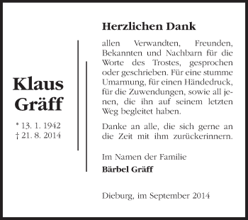 Traueranzeige von Klaus Gräff von Echo-Zeitungen (Gesamtausgabe)