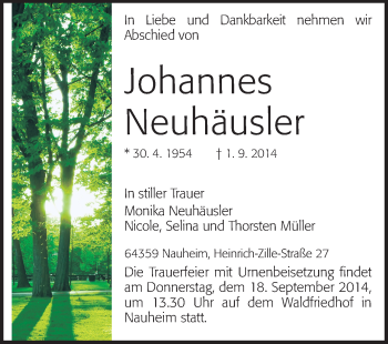 Traueranzeige von Johannes Neuhäusler von Rüsselsheimer Echo, Groß-Gerauer-Echo, Ried Echo