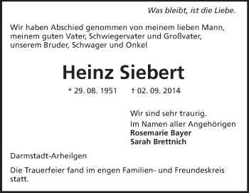 Traueranzeige von Heinz Siebert von Echo-Zeitungen (Gesamtausgabe)