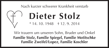 Traueranzeige von Dieter Stolz von Echo-Zeitungen (Gesamtausgabe)