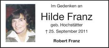 Traueranzeige von Hilde Franz von Echo-Zeitungen (Gesamtausgabe)