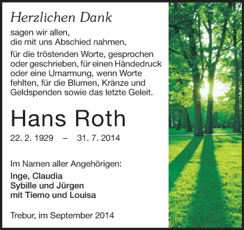 Traueranzeige von Hans Roth von Rüsselsheimer Echo, Groß-Gerauer-Echo, Ried Echo