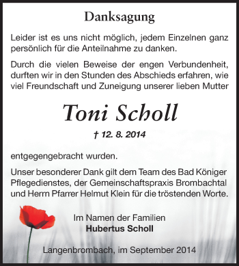 Traueranzeige von Toni Scholl von Odenwälder Echo