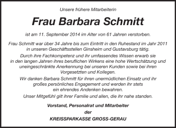Traueranzeige von Barbara Schmitt von Rüsselsheimer Echo, Groß-Gerauer-Echo, Ried Echo