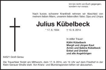 Traueranzeige von Julius Kübelbeck von Rüsselsheimer Echo, Groß-Gerauer-Echo, Ried Echo