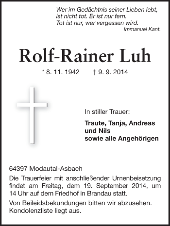Traueranzeige von Rolf-Rainer Luh von Darmstädter Echo, Odenwälder Echo, Rüsselsheimer Echo, Groß-Gerauer-Echo, Ried Echo