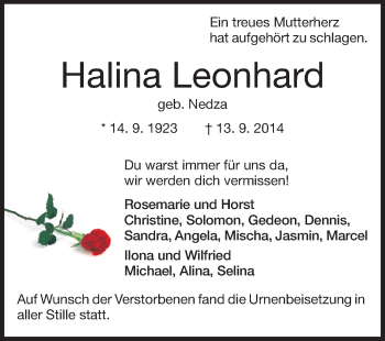 Traueranzeige von Halina Leonhard von Echo-Zeitungen (Gesamtausgabe)