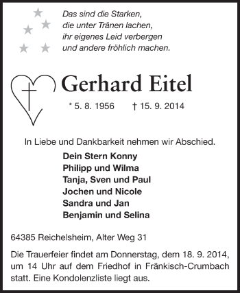 Traueranzeige von Gerhard Eitel von Odenwälder Echo