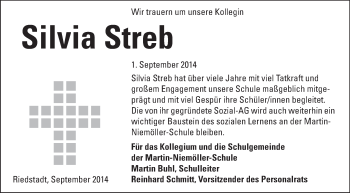 Traueranzeige von Silvia Streb von Rüsselsheimer Echo, Groß-Gerauer-Echo, Ried Echo