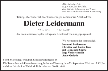 Traueranzeige von Dieter Leidermann von Odenwälder Echo