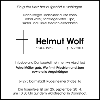 Traueranzeige von Helmut Wolf von Echo-Zeitungen (Gesamtausgabe)