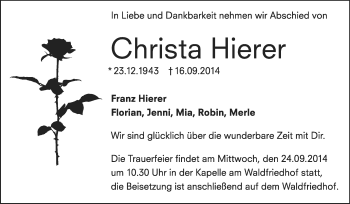 Traueranzeige von Christa Hierer von Echo-Zeitungen (Gesamtausgabe)