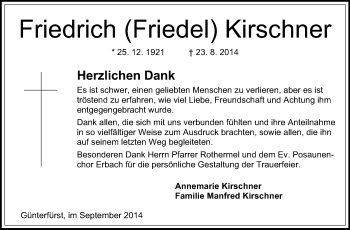 Traueranzeige von Friedrich Kirschner von Odenwälder Echo