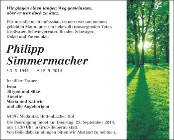 Traueranzeige von Philipp Simmermacher von Echo-Zeitungen (Gesamtausgabe)
