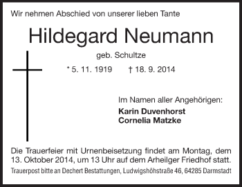 Traueranzeige von Hildegard Neumann von Echo-Zeitungen (Gesamtausgabe)