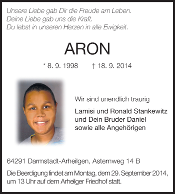 Traueranzeige von Aron Stankewitz von Echo-Zeitungen (Gesamtausgabe)