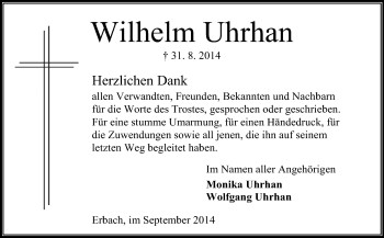 Traueranzeige von Wilhelm Uhrhan von Odenwälder Echo