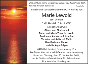 Traueranzeige von Marie Lewold von Odenwälder Echo