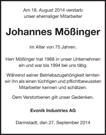 Traueranzeige von Johannes Mößinger von Echo-Zeitungen (Gesamtausgabe)
