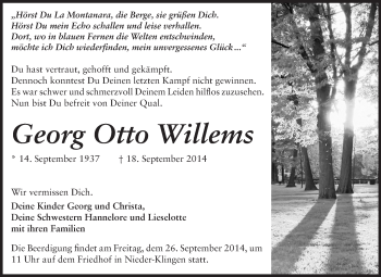 Traueranzeige von Georg Otto Willems von Echo-Zeitungen (Gesamtausgabe)