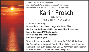 Traueranzeige von Karin Frosch von Odenwälder Echo