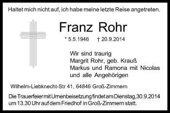 Traueranzeige von Franz Rohr von Echo-Zeitungen (Gesamtausgabe)