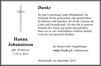 Traueranzeige von Hanna Johannisson von Odenwälder Echo