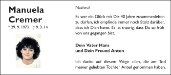 Traueranzeige von Manuela Cremer von Echo-Zeitungen (Gesamtausgabe)