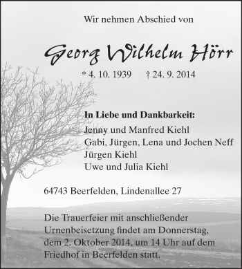 Traueranzeige von Georg Wilhelm Hörr von Odenwälder Echo
