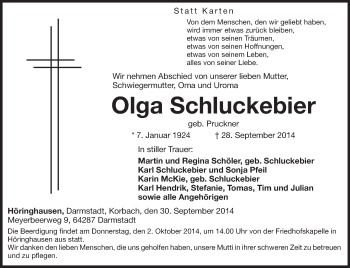 Traueranzeige von Olga Schluckebier von Echo-Zeitungen (Gesamtausgabe)