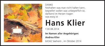 Traueranzeige von Hans Klier von Echo-Zeitungen (Gesamtausgabe)