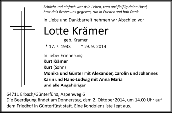 Traueranzeige von Lotte Krämer von Odenwälder Echo