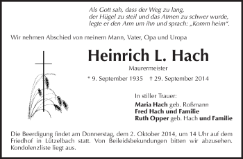 Traueranzeige von Heinrich L. Hach von Echo-Zeitungen (Gesamtausgabe)